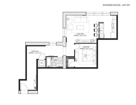 Floor plan for 1 bed, 1 bath, 867 sqft